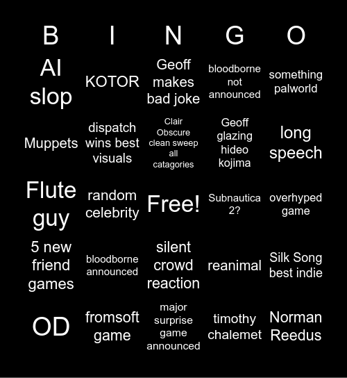 Bingus 2025 Game Awards Bingo Card