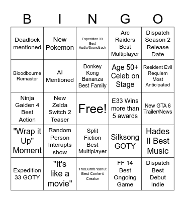 Game Awards 2025 Bingo Card
