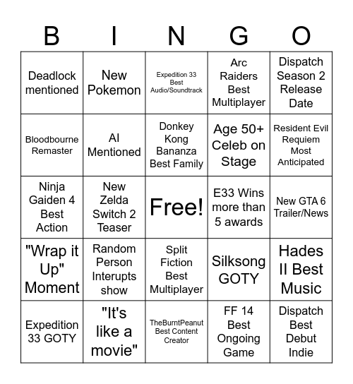 Game Awards 2025 Bingo Card