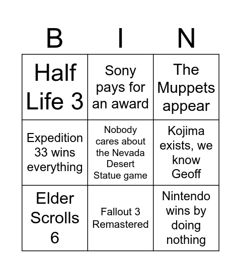 GameAwards25 Bingo Card