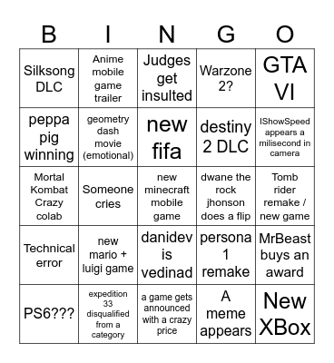 Game Awards Bingo Card
