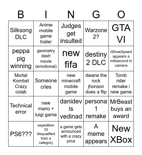 Game Awards Bingo Card