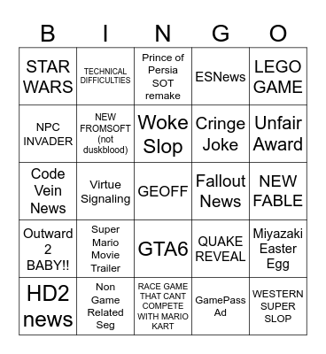 Game Awards 2025 Bingo Card