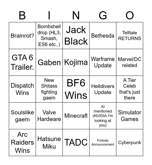 The Game Awards Bingo Sponsored by Refridgerator thoughts created by sayleph Bingo Card