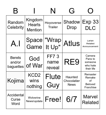 Game Awards Show Bingo Card