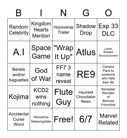 Game Awards Show Bingo Card