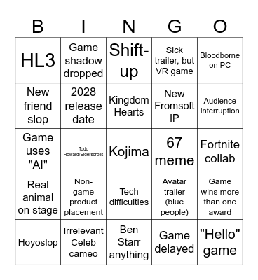 Game Awards 2025 Bingo Card