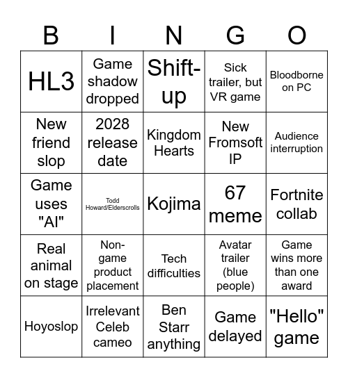 Game Awards 2025 Bingo Card