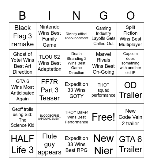 The Game Awards 2025 Bingo Card