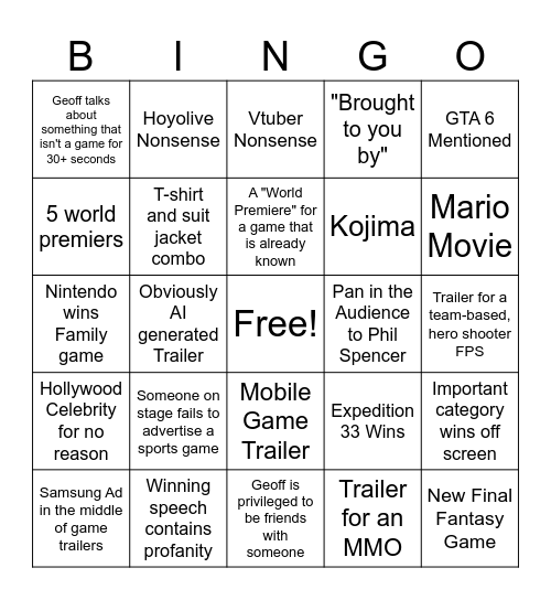 Game Awards 2025 Bingo Card