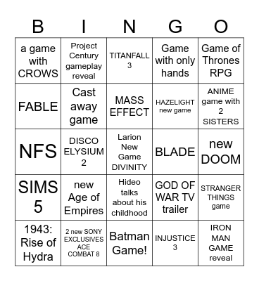 Game Awards Bingo Card