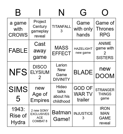 Game Awards Bingo Card