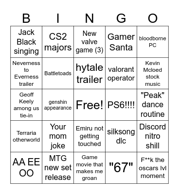 Game Awards 2025 Bingo Card