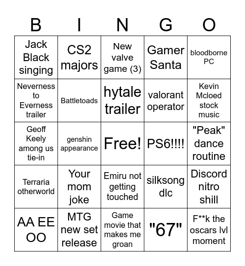 Game Awards 2025 Bingo Card