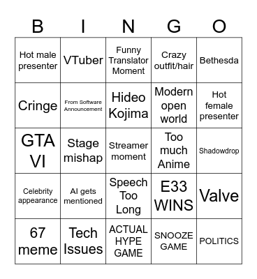 GAME AWARDS 2025 Bingo Card