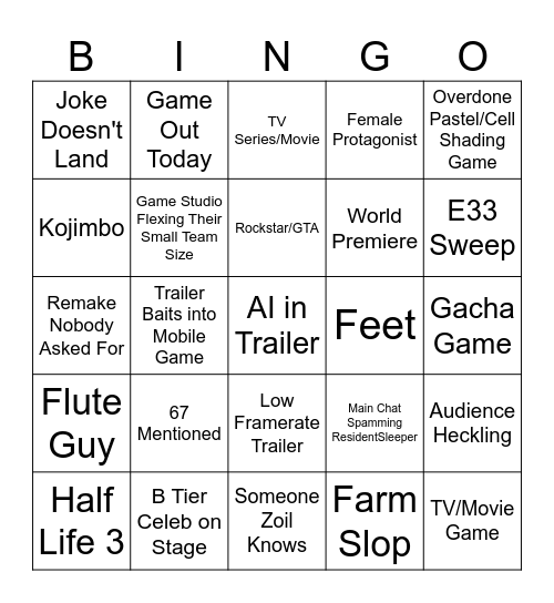 ZXL Game Awards Bingo Card
