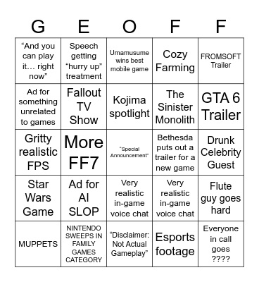 2025 Game Awards Bingo Card