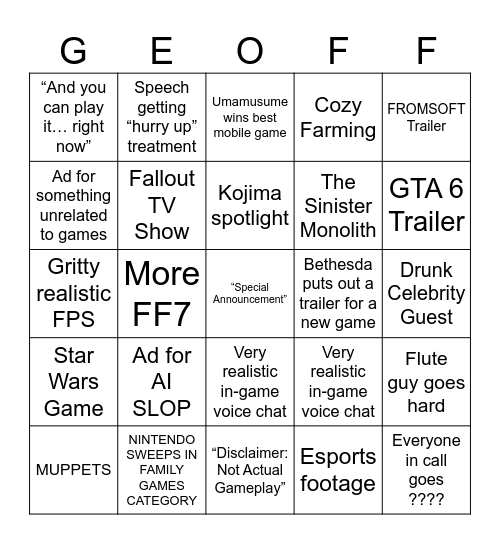 2025 Game Awards Bingo Card