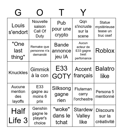 Game Awards 2025 Bingo Card