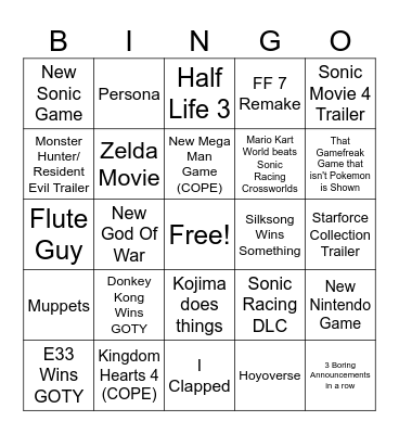 Game Awards Bingo Card