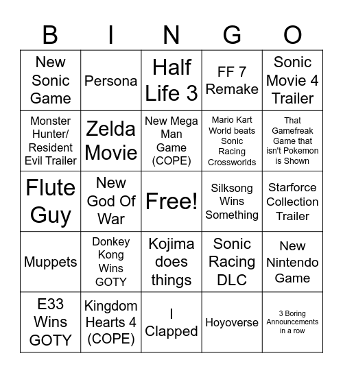 Game Awards Bingo Card