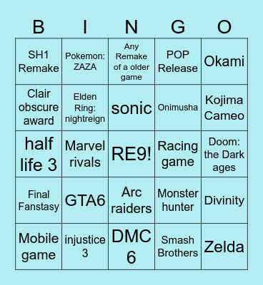 Game Awards Bingo Card