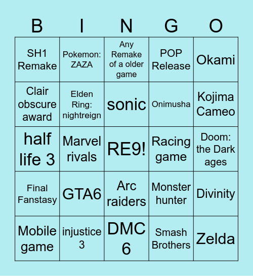 Game Awards Bingo Card