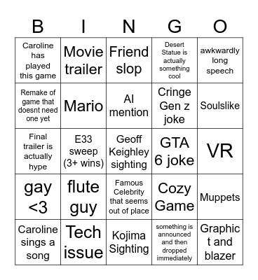 Game Awards 2025 Bingo Card