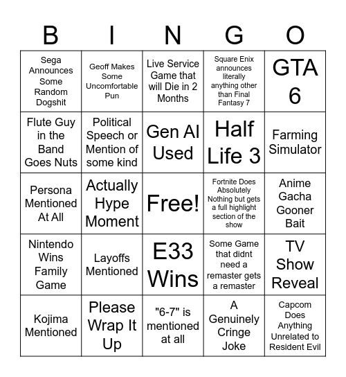 GAME AWARDS BINGO Card