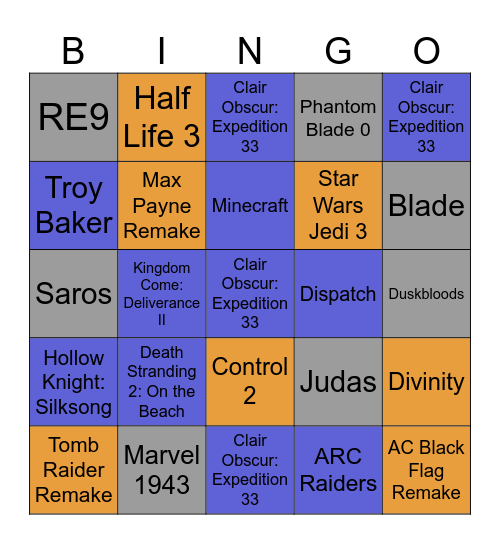 The Game Awards 2025 Bingo Card