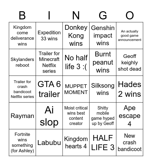 Game Awards Bingo Card