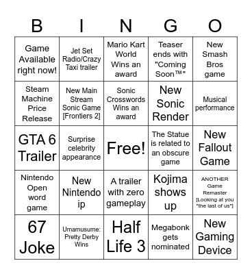 Game Awards Bingo Card