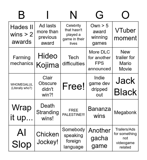 The Game Awards Bingo Card