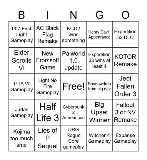 Game Awards 2025 Bingo Card
