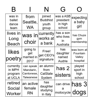 Get up, ask around and find someone who... Bingo Card