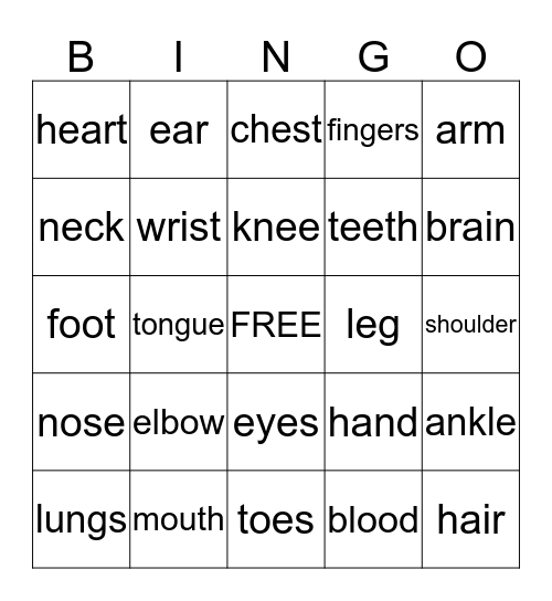 Body Part Bingo Card