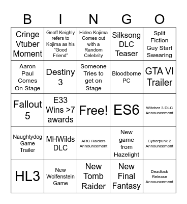The Game Awards Bingo Card