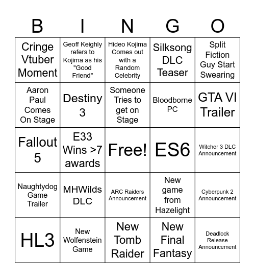 The Game Awards Bingo Card