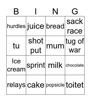 food bingo Card