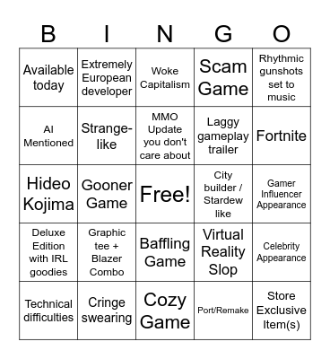 Game Awards Bingo Card
