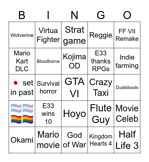 The Game Awards Bingo Card