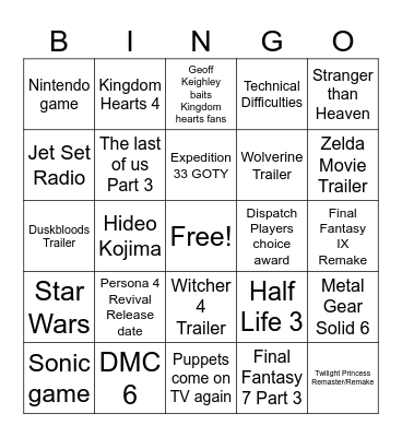 Game Awards Bingo Card