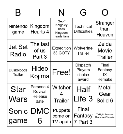 Game Awards Bingo Card