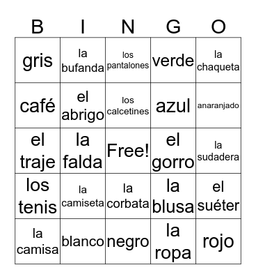 La Ropa Bingo Card