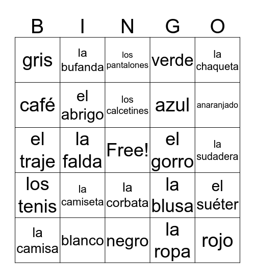 La Ropa Bingo Card