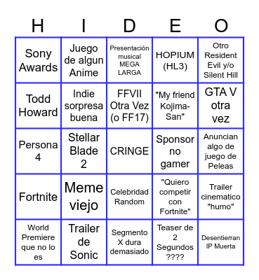 Bingo de los Game Awards Bingo Card