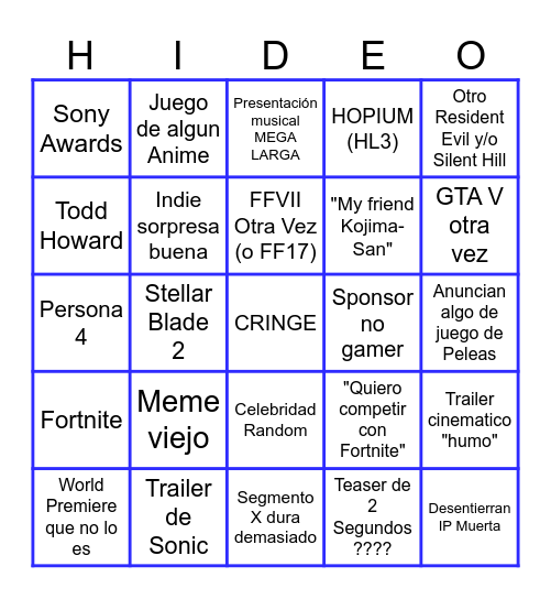 Bingo de los Game Awards Bingo Card