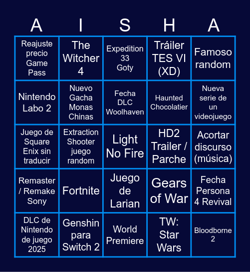 Bingo de los Game Awards Bingo Card