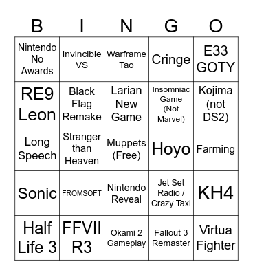 Game Awards Bingo Card