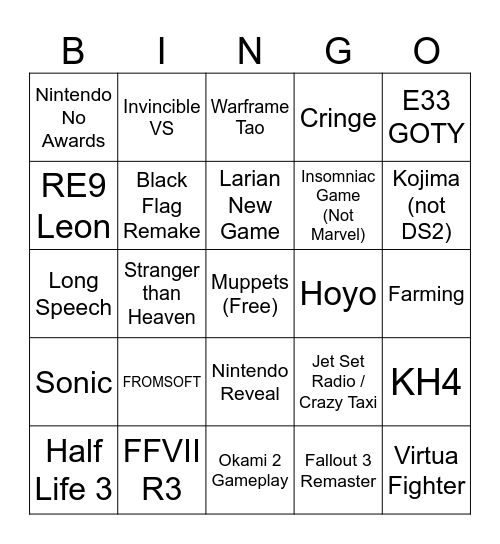 Game Awards Bingo Card